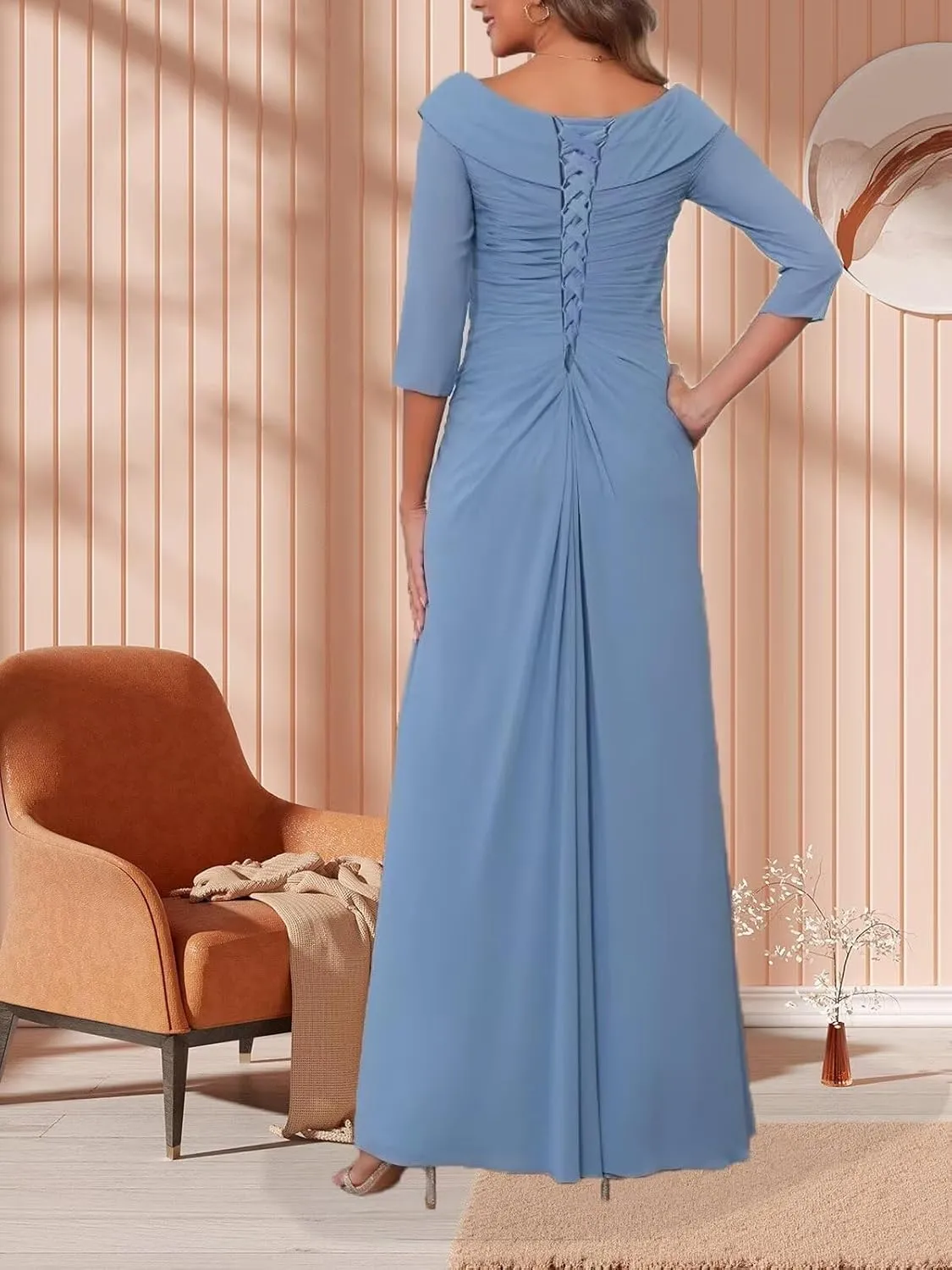 Chiffon 3/4 Sleeve Mother of The Bride Dresses for Wedding A-line Applique Formal Dress Ruffles Pleated Evening Gown