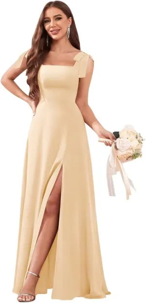 Chiffon Square Neck Bridesmaid Dresses Long for Women Tie Strap A Line Formal Evening Dress with Slit