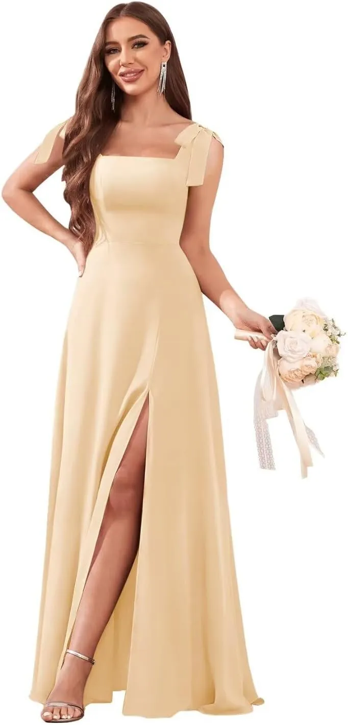 Chiffon Square Neck Bridesmaid Dresses Long for Women Tie Strap A Line Formal Evening Dress with Slit