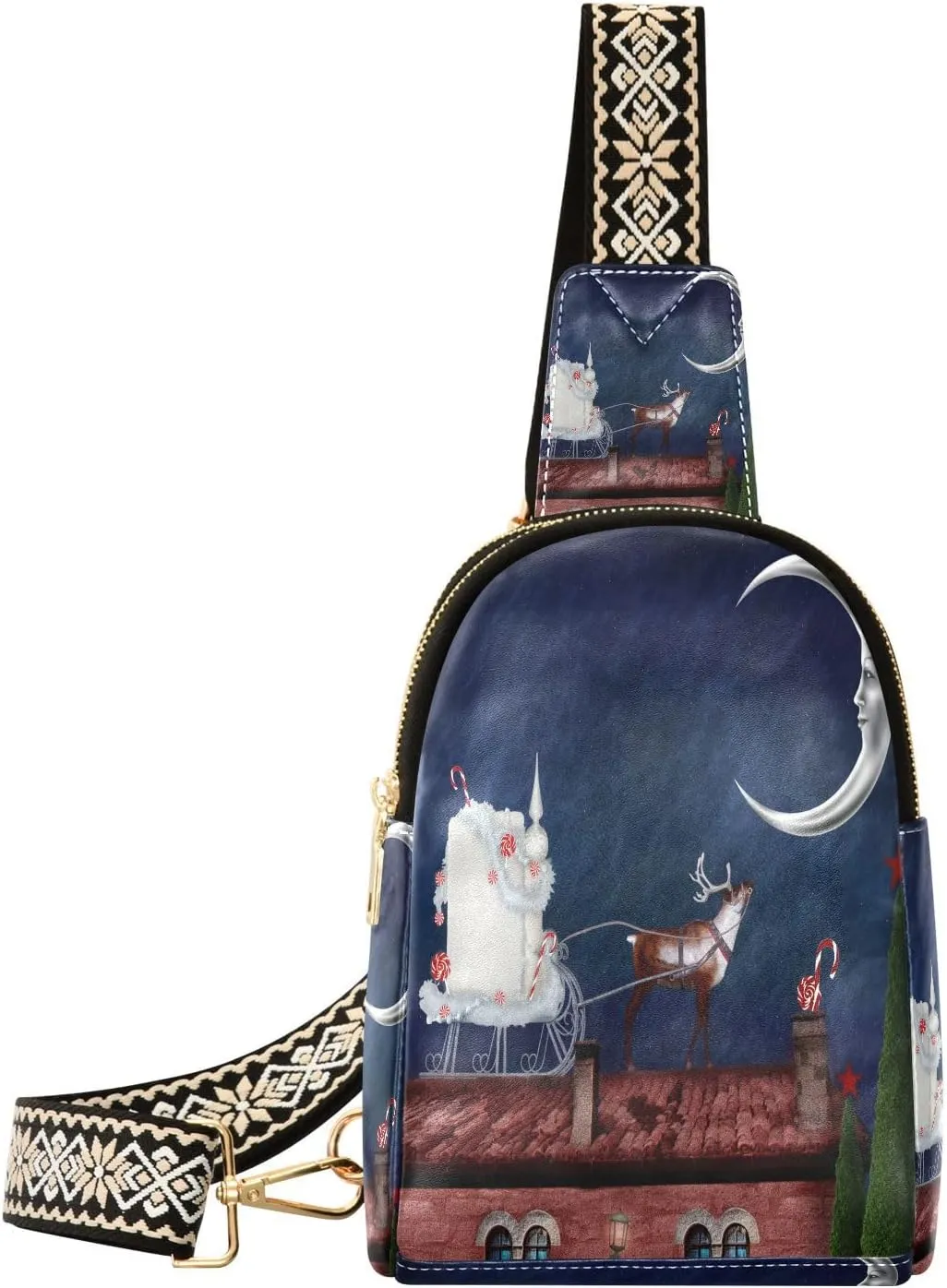 Christmas Sleigh Roof Fanny Pack Crossbody PC Leather Small Sling Bag for Women Fashion Waist Packs Chest Bag for Travel Sports Running Hiking