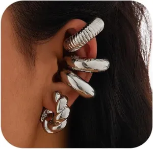 Chunky Silver Ear Cuffs Non Piercing Earrings For Women Exaggerated Large Non-Pierced Clip On Statement Earring Vintage Oversized Gold Hoop Jewelry Gifts