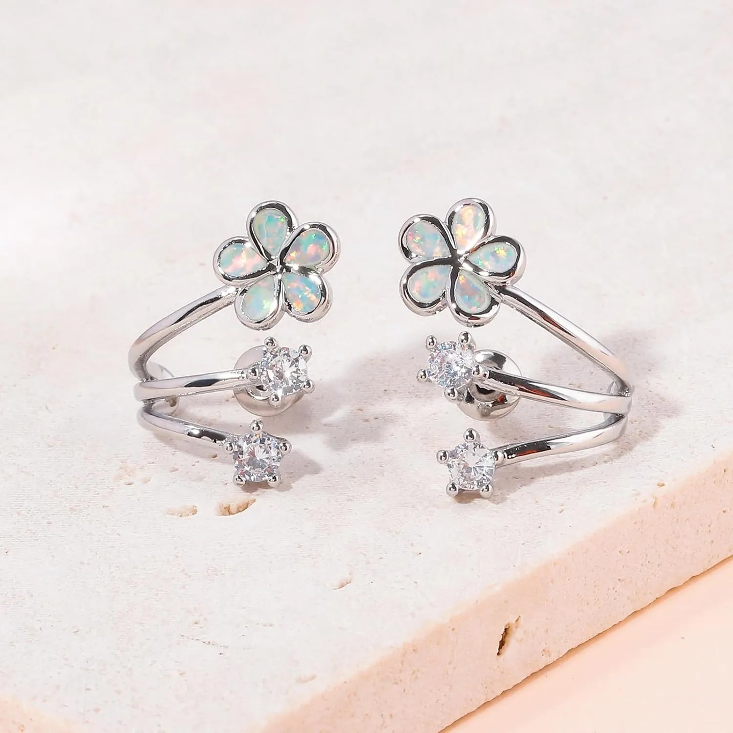 CiNily Cuffs Stud Earrings for Women Trendy 14K White Gold Plated Created Fire Opal Flower Piercings Studs Earrings Cubic Zirconia Claw Ear Wrap Earrings Jewelry Gift for Wedding Party Birthday