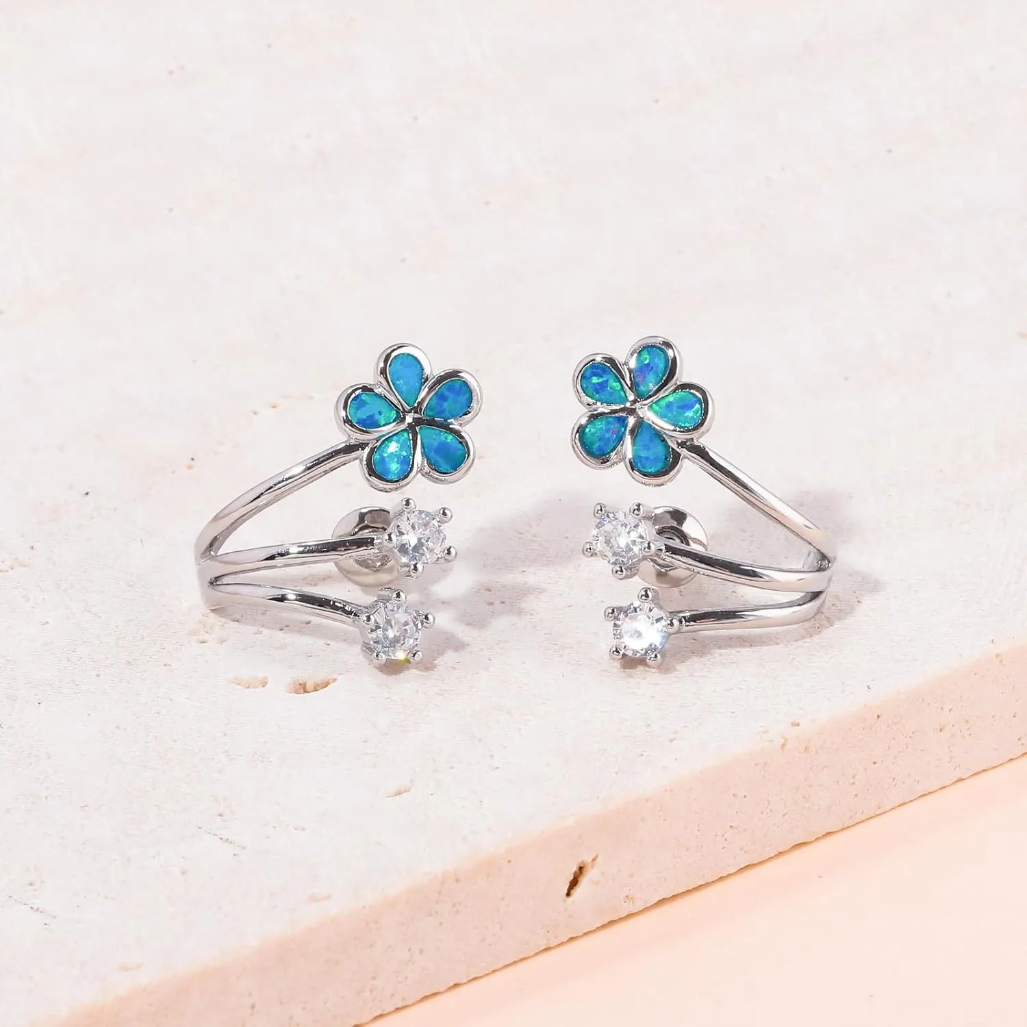 CiNily Cuffs Stud Earrings for Women Trendy 14K White Gold Plated Created Fire Opal Flower Piercings Studs Earrings Cubic Zirconia Claw Ear Wrap Earrings Jewelry Gift for Wedding Party Birthday