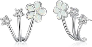 CiNily Cuffs Stud Earrings for Women Trendy 14K White Gold Plated Created Fire Opal Flower Piercings Studs Earrings Cubic Zirconia Claw Ear Wrap Earrings Jewelry Gift for Wedding Party Birthday