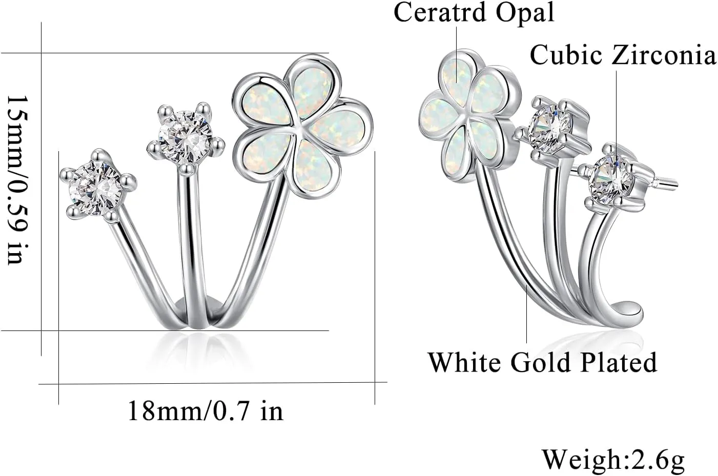 CiNily Cuffs Stud Earrings for Women Trendy 14K White Gold Plated Created Fire Opal Flower Piercings Studs Earrings Cubic Zirconia Claw Ear Wrap Earrings Jewelry Gift for Wedding Party Birthday