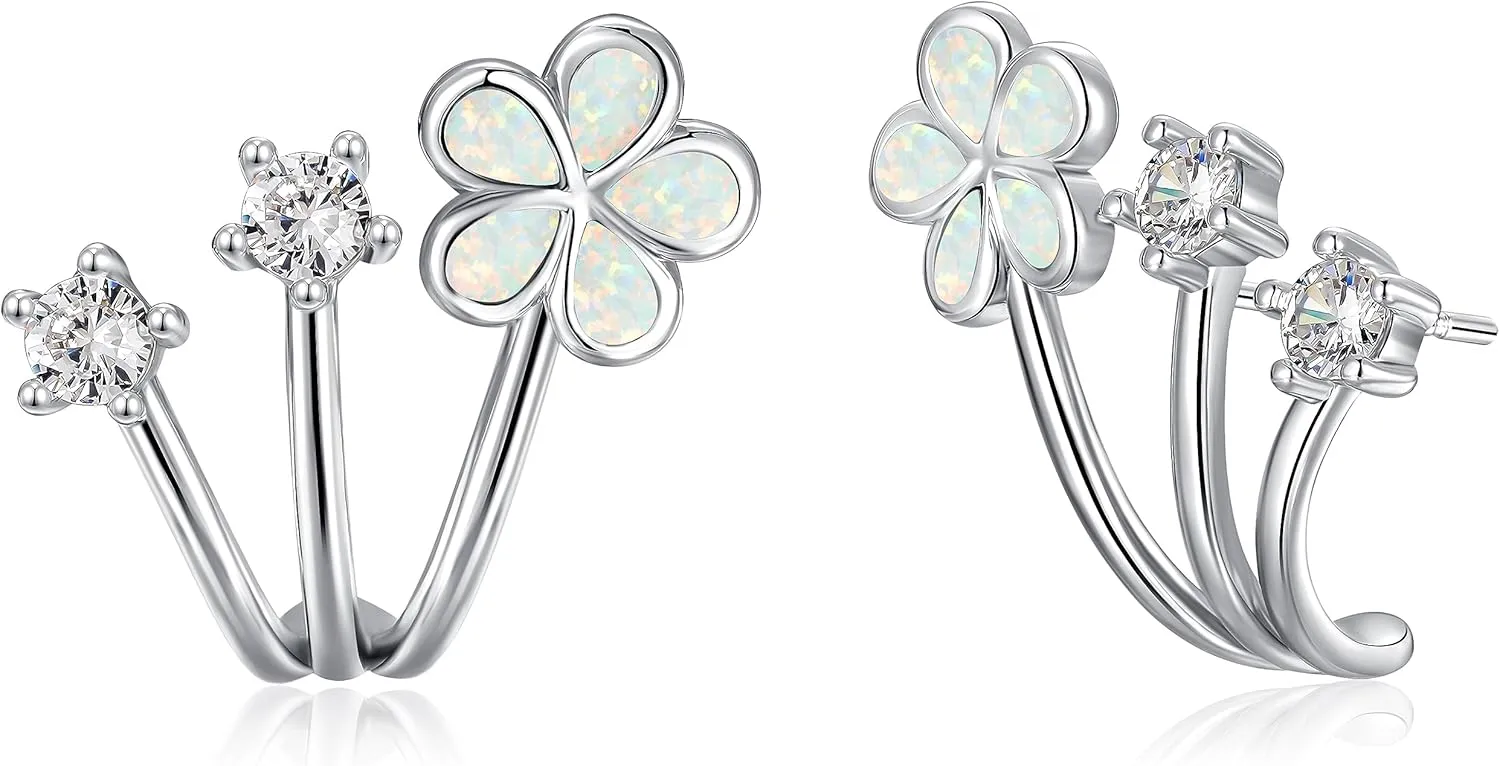 CiNily Cuffs Stud Earrings for Women Trendy 14K White Gold Plated Created Fire Opal Flower Piercings Studs Earrings Cubic Zirconia Claw Ear Wrap Earrings Jewelry Gift for Wedding Party Birthday