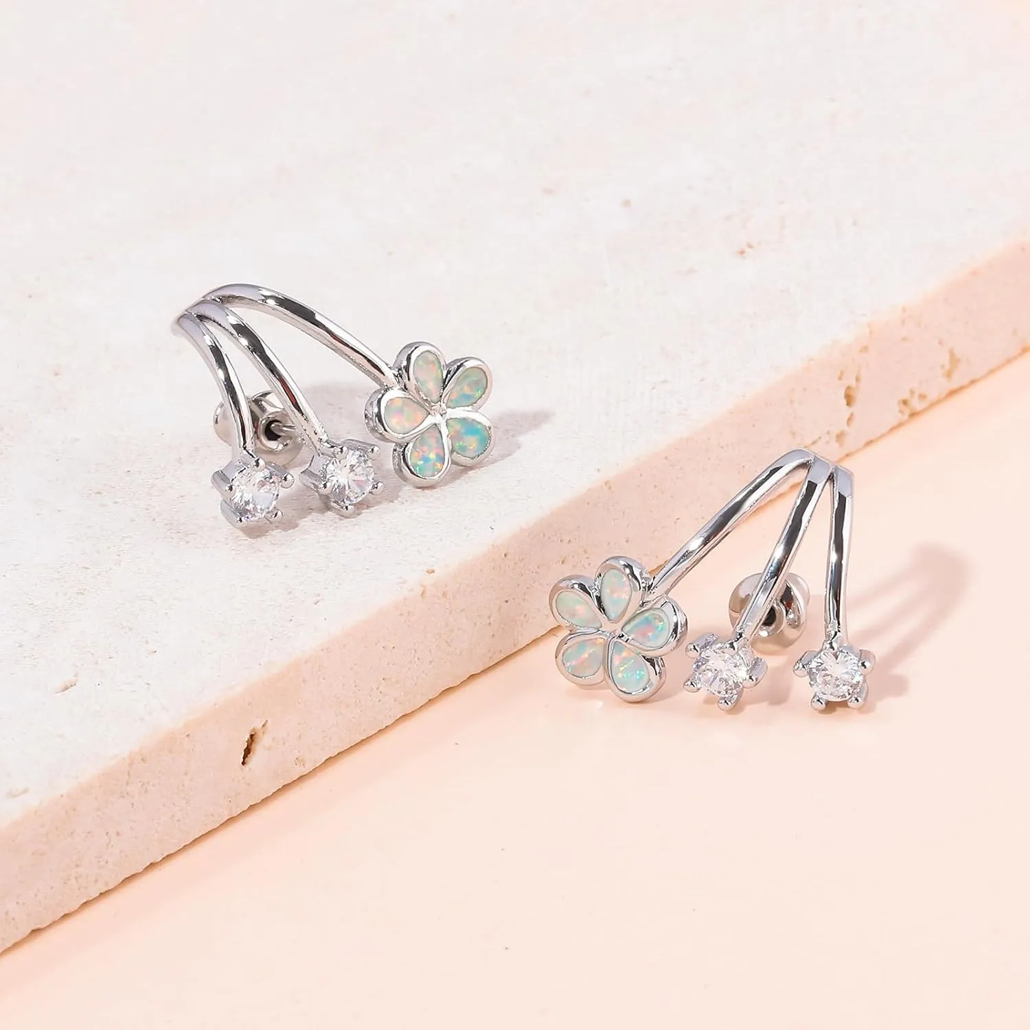CiNily Cuffs Stud Earrings for Women Trendy 14K White Gold Plated Created Fire Opal Flower Piercings Studs Earrings Cubic Zirconia Claw Ear Wrap Earrings Jewelry Gift for Wedding Party Birthday