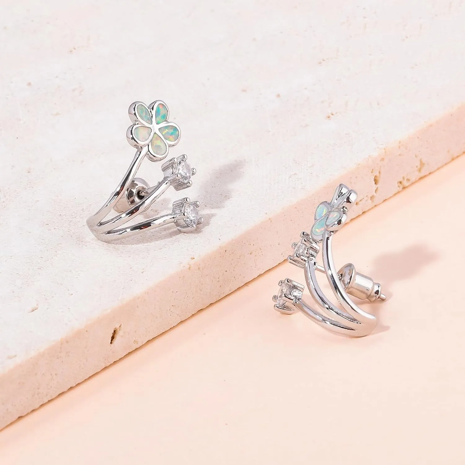 CiNily Cuffs Stud Earrings for Women Trendy 14K White Gold Plated Created Fire Opal Flower Piercings Studs Earrings Cubic Zirconia Claw Ear Wrap Earrings Jewelry Gift for Wedding Party Birthday