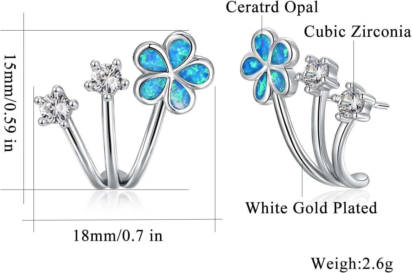 CiNily Cuffs Stud Earrings for Women Trendy 14K White Gold Plated Created Fire Opal Flower Piercings Studs Earrings Cubic Zirconia Claw Ear Wrap Earrings Jewelry Gift for Wedding Party Birthday