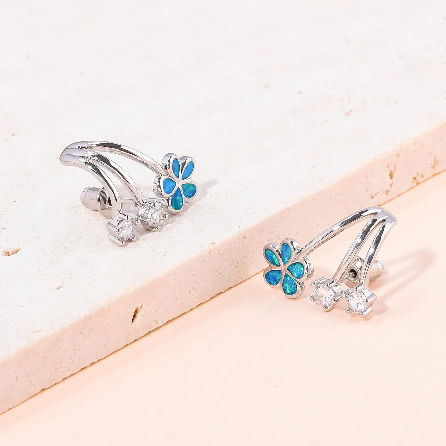 CiNily Cuffs Stud Earrings for Women Trendy 14K White Gold Plated Created Fire Opal Flower Piercings Studs Earrings Cubic Zirconia Claw Ear Wrap Earrings Jewelry Gift for Wedding Party Birthday