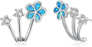 CiNily Cuffs Stud Earrings for Women Trendy 14K White Gold Plated Created Fire Opal Flower Piercings Studs Earrings Cubic Zirconia Claw Ear Wrap Earrings Jewelry Gift for Wedding Party Birthday