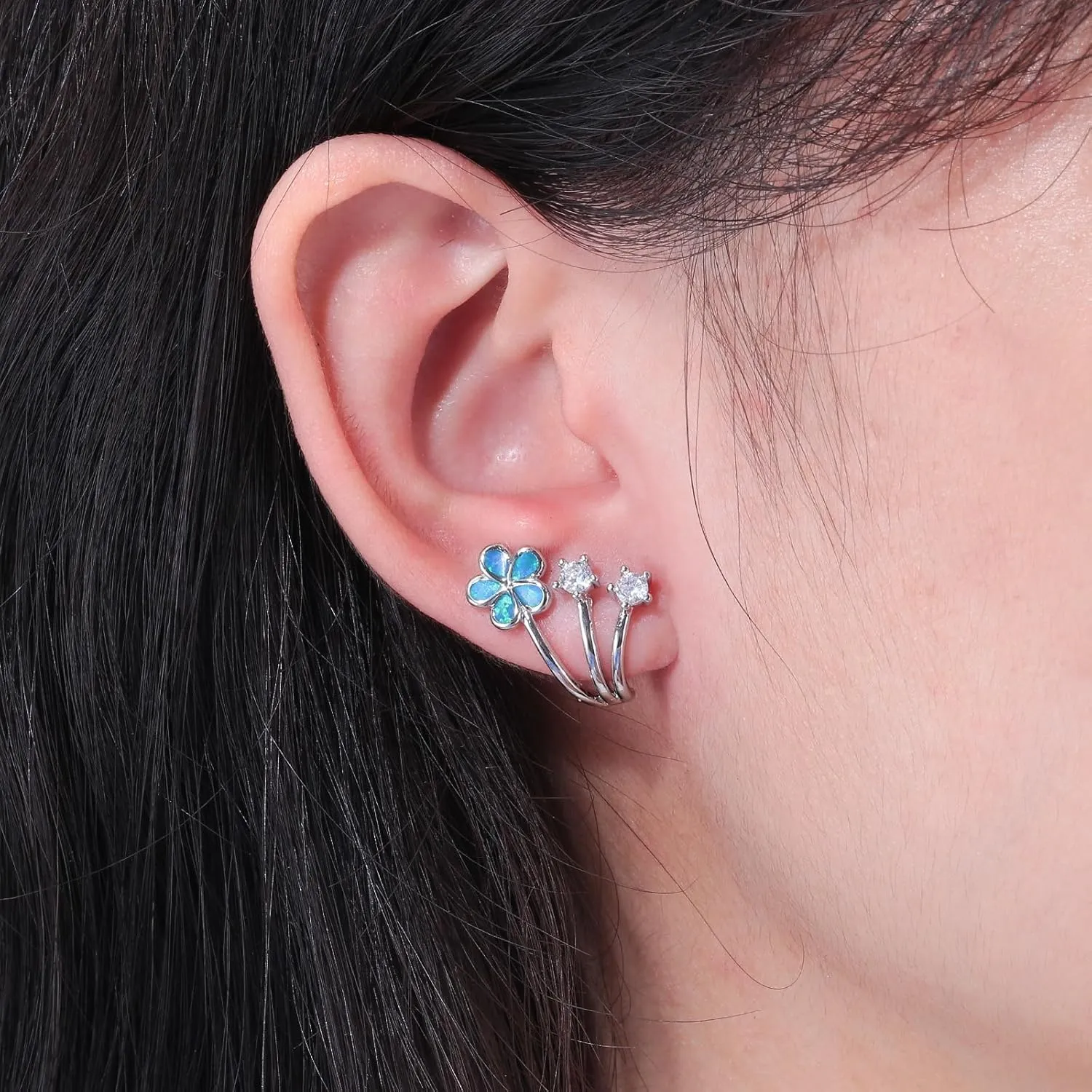 CiNily Cuffs Stud Earrings for Women Trendy 14K White Gold Plated Created Fire Opal Flower Piercings Studs Earrings Cubic Zirconia Claw Ear Wrap Earrings Jewelry Gift for Wedding Party Birthday