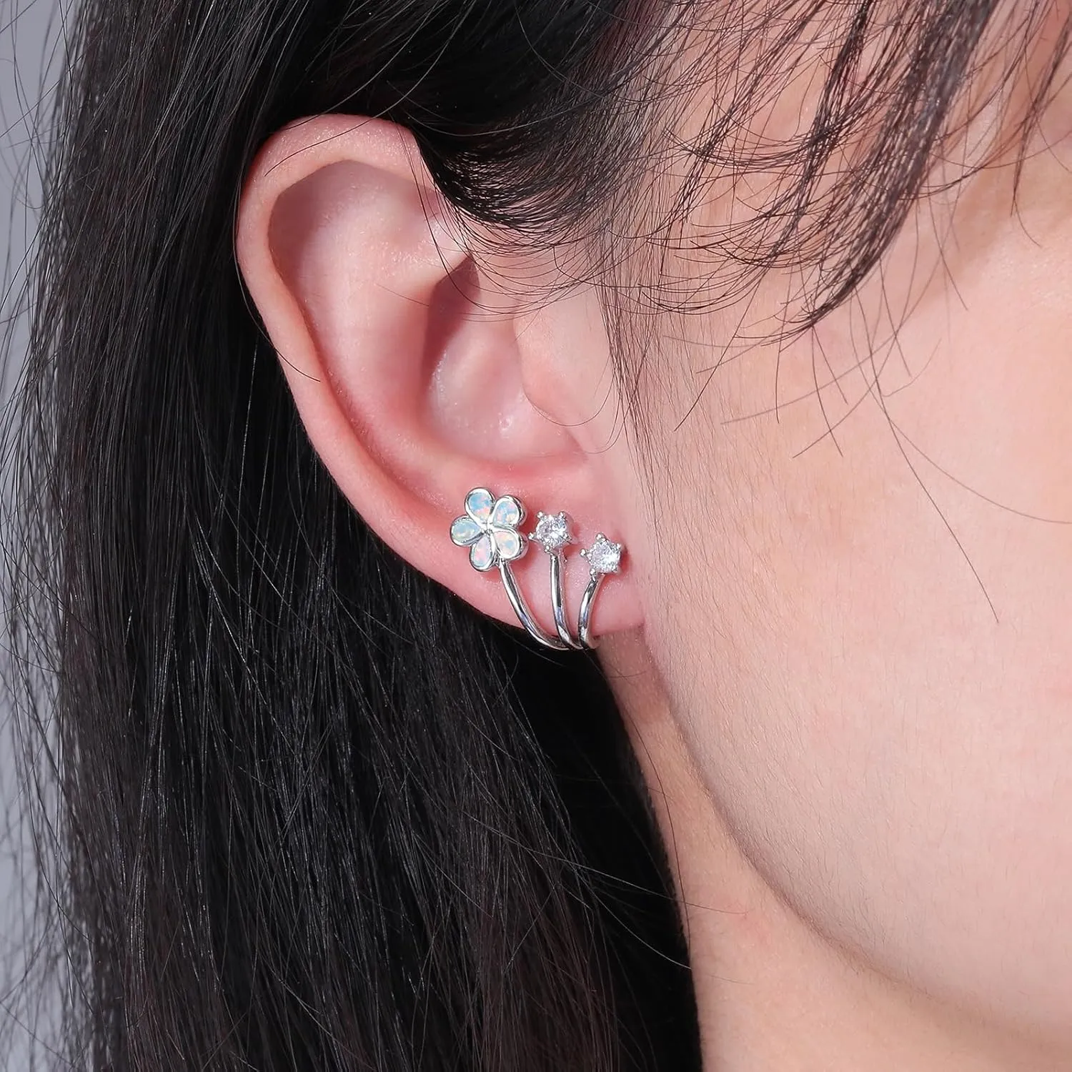 CiNily Cuffs Stud Earrings for Women Trendy 14K White Gold Plated Created Fire Opal Flower Piercings Studs Earrings Cubic Zirconia Claw Ear Wrap Earrings Jewelry Gift for Wedding Party Birthday