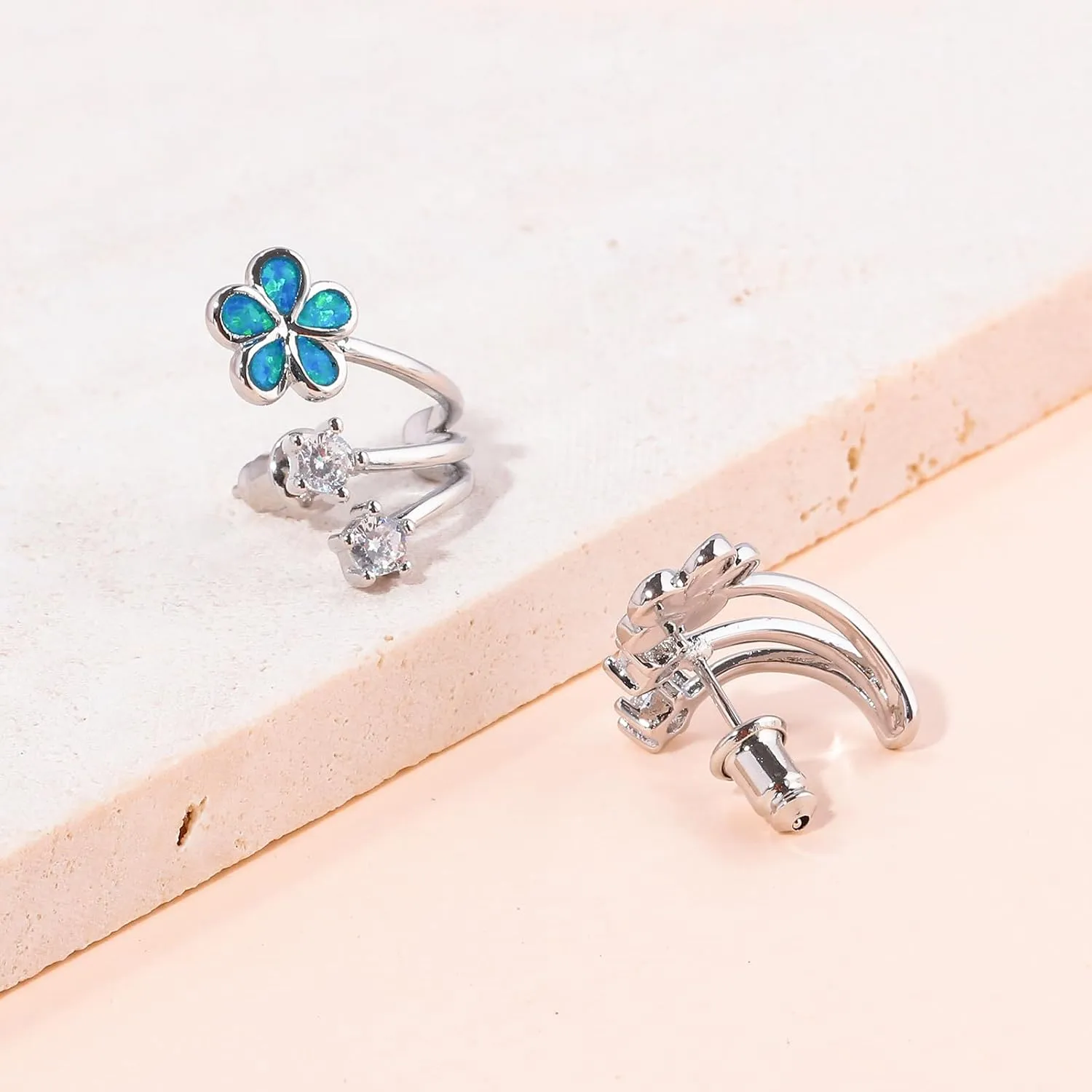 CiNily Cuffs Stud Earrings for Women Trendy 14K White Gold Plated Created Fire Opal Flower Piercings Studs Earrings Cubic Zirconia Claw Ear Wrap Earrings Jewelry Gift for Wedding Party Birthday