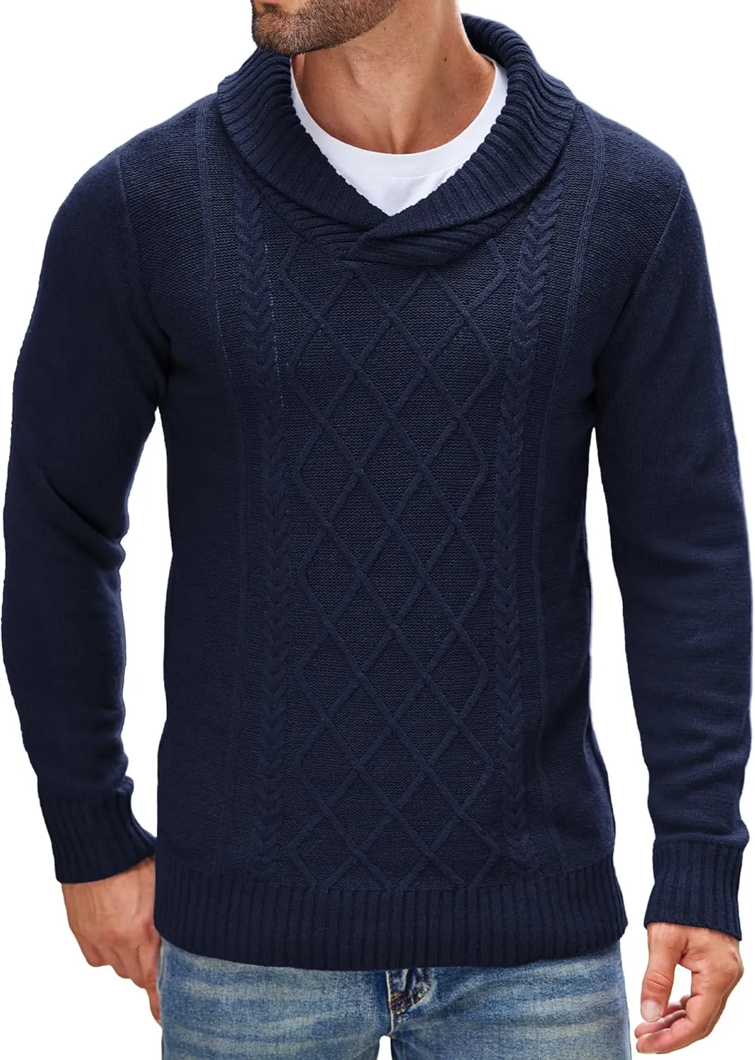 COOFANDY Men's Shawl Collar Sweaters V-Neck Relaxed Fit Cable Pullovers