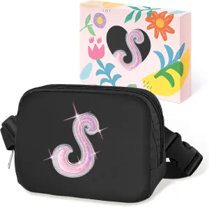 COSHAYSOO Black Belt Bag Fanny Pack Crossbody Initial Letter Waist Chest Purse Birthday Halloween Thanksgiving Appreciation Gifts for Women Teacher Nurse Coach Friends Big Sister Travel Essential S
