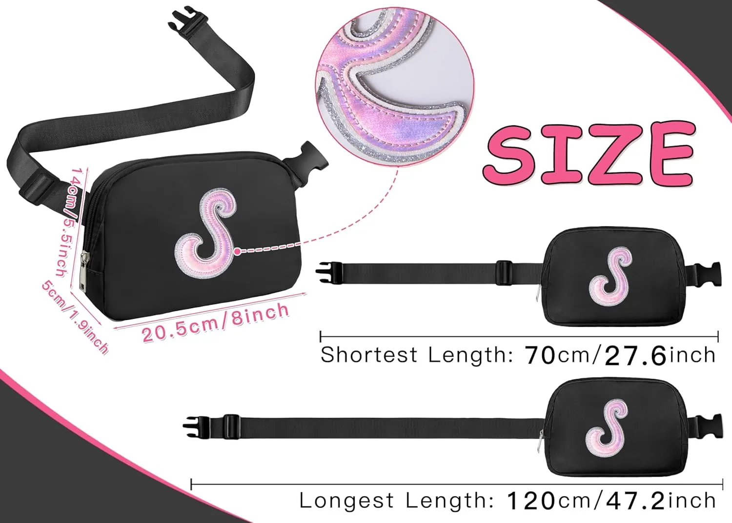 COSHAYSOO Black Belt Bag Fanny Pack Crossbody Initial Letter Waist Chest Purse Birthday Halloween Thanksgiving Appreciation Gifts for Women Teacher Nurse Coach Friends Big Sister Travel Essential S