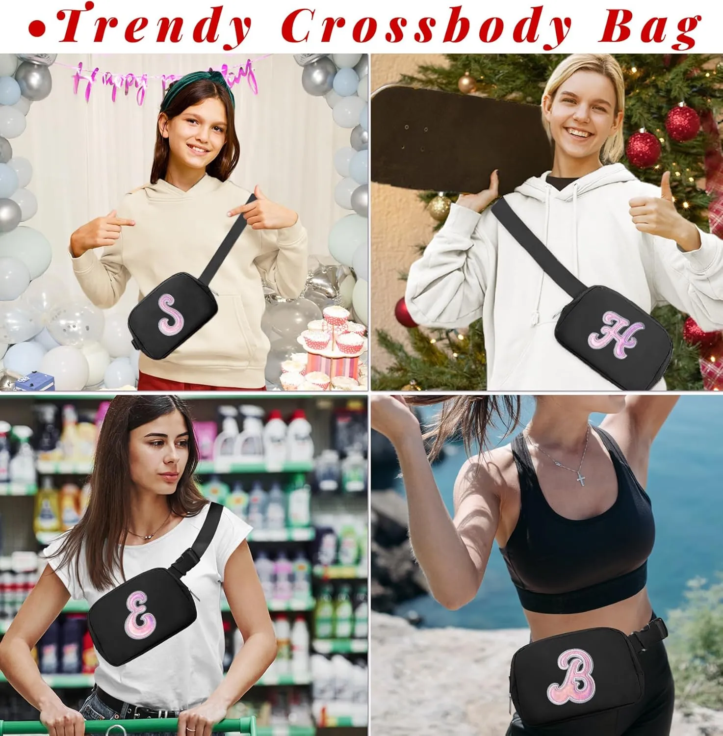 COSHAYSOO Black Belt Bag Fanny Pack Crossbody Initial Letter Waist Chest Purse Birthday Halloween Thanksgiving Appreciation Gifts for Women Teacher Nurse Coach Friends Big Sister Travel Essential S