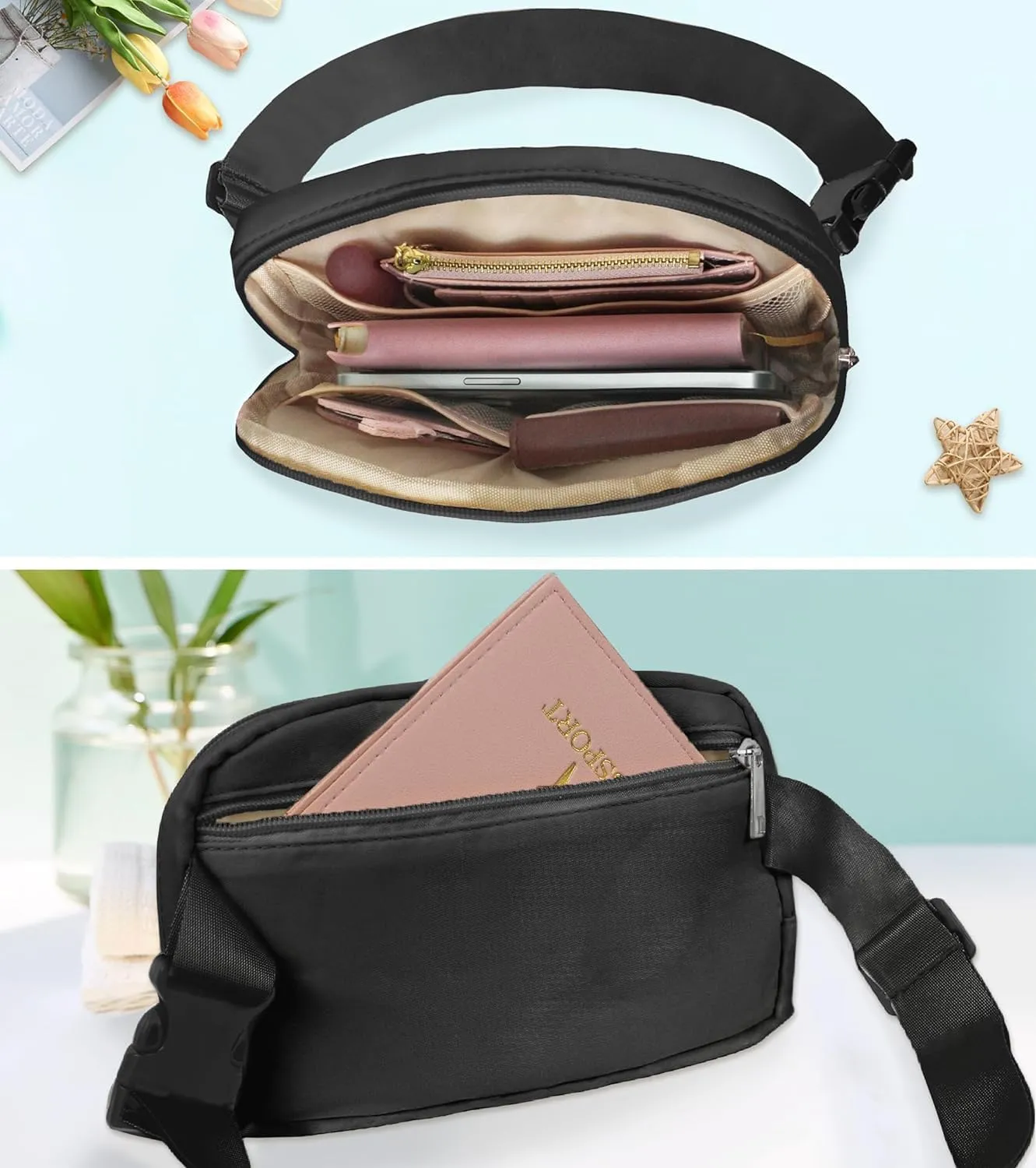 COSHAYSOO Black Belt Bag Fanny Pack Crossbody Initial Letter Waist Chest Purse Birthday Halloween Thanksgiving Appreciation Gifts for Women Teacher Nurse Coach Friends Big Sister Travel Essential S