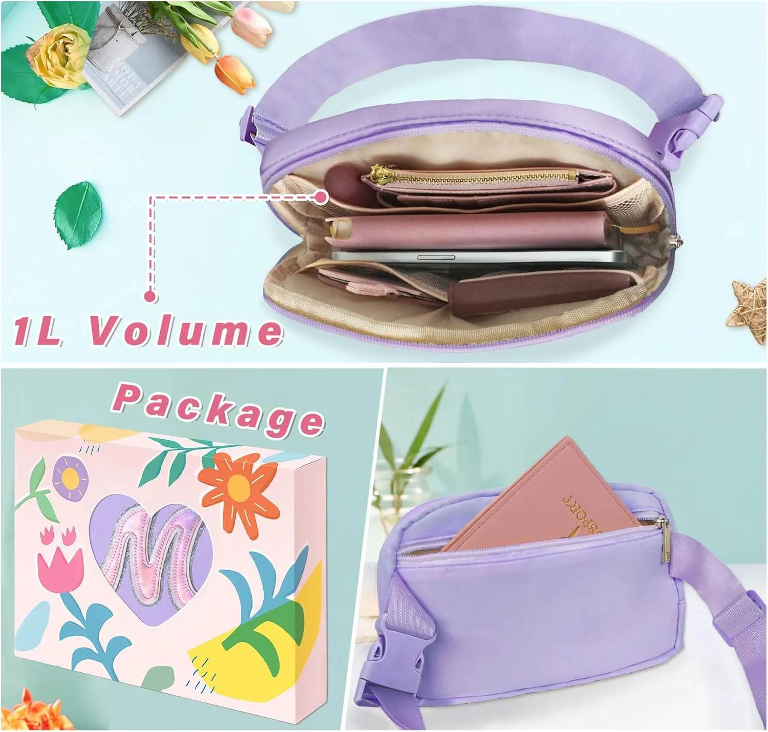 COSHAYSOO Purple Belt Bag Fanny Pack Crossbody Initial Letter Dance Recital First Communion Cheer Birthday Easter Gifts for Women Girls 6 7 8 9 10 11 12 13 14 Year Old Teenager Teen Preteen Stuff M