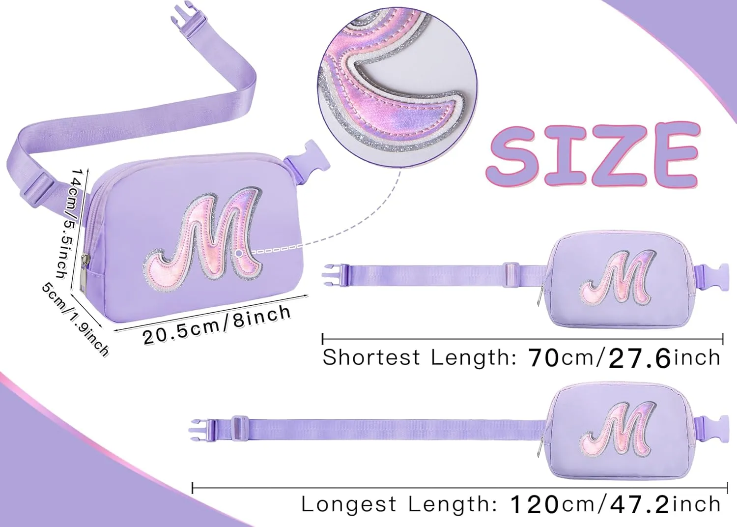COSHAYSOO Purple Belt Bag Fanny Pack Crossbody Initial Letter Dance Recital First Communion Cheer Birthday Easter Gifts for Women Girls 6 7 8 9 10 11 12 13 14 Year Old Teenager Teen Preteen Stuff M