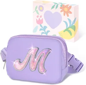 COSHAYSOO Purple Belt Bag Fanny Pack Crossbody Initial Letter Dance Recital First Communion Cheer Birthday Easter Gifts for Women Girls 6 7 8 9 10 11 12 13 14 Year Old Teenager Teen Preteen Stuff M