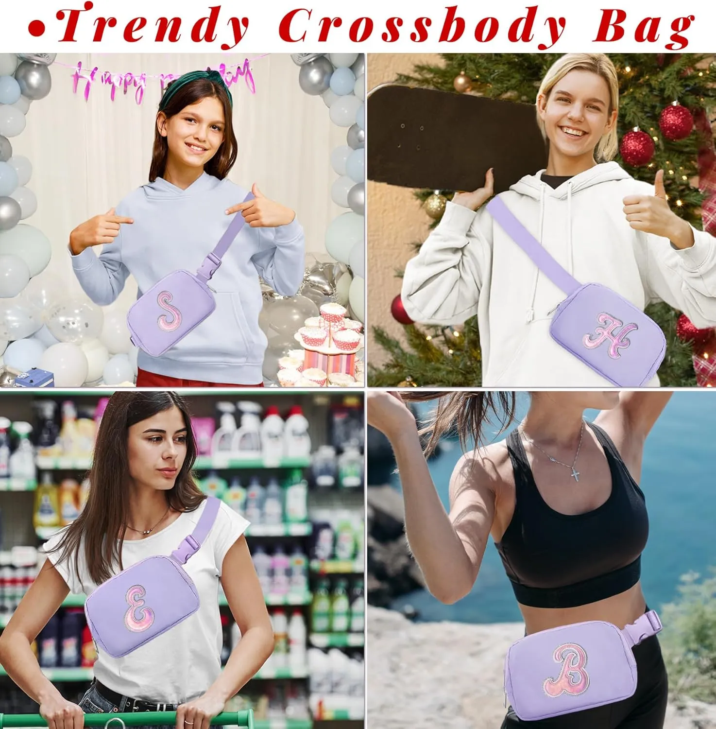 COSHAYSOO Purple Belt Bag Fanny Pack Crossbody Initial Letter Dance Recital First Communion Cheer Birthday Easter Gifts for Women Girls 6 7 8 9 10 11 12 13 14 Year Old Teenager Teen Preteen Stuff M