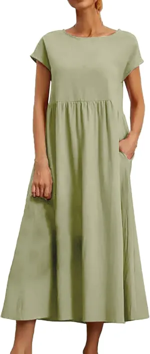 Cotton Dresses for Women 2024 Summer Linen Causal Maxi Shirt Dress Ladies Short Sleeve T-Shirt Sundress with Pockets