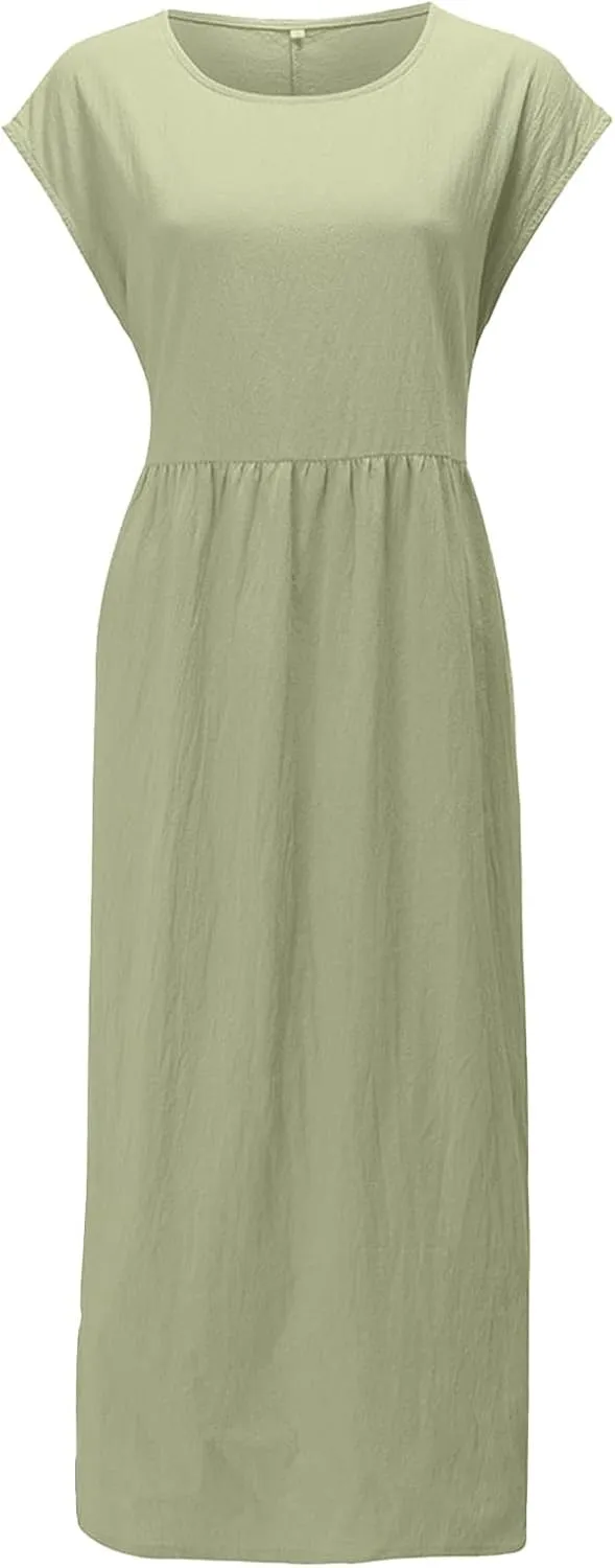 Cotton Dresses for Women 2024 Summer Linen Causal Maxi Shirt Dress Ladies Short Sleeve T-Shirt Sundress with Pockets