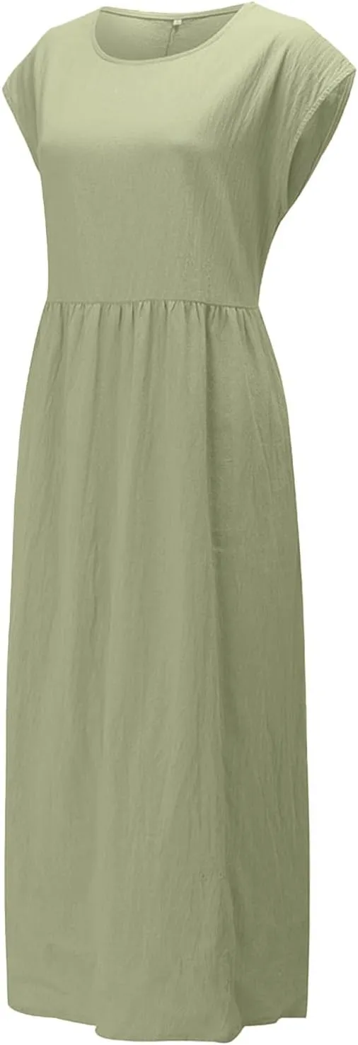 Cotton Dresses for Women 2024 Summer Linen Causal Maxi Shirt Dress Ladies Short Sleeve T-Shirt Sundress with Pockets