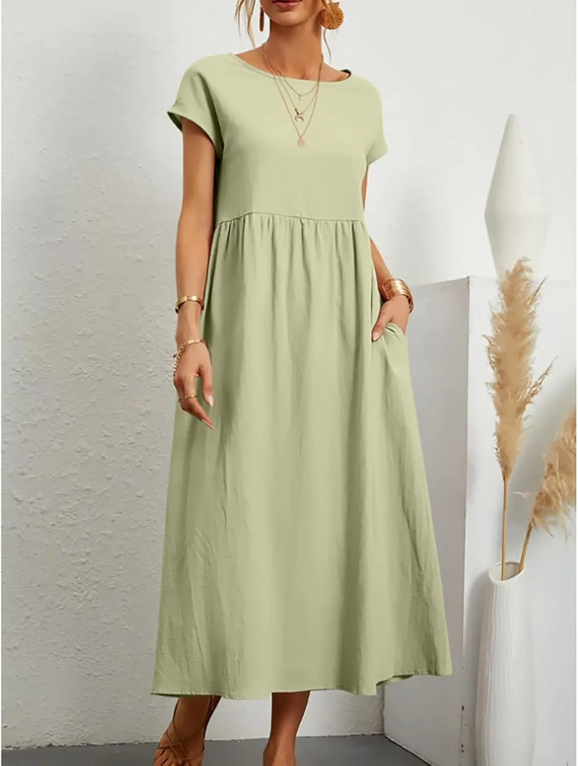 Cotton Dresses for Women 2024 Summer Linen Causal Maxi Shirt Dress Ladies Short Sleeve T-Shirt Sundress with Pockets