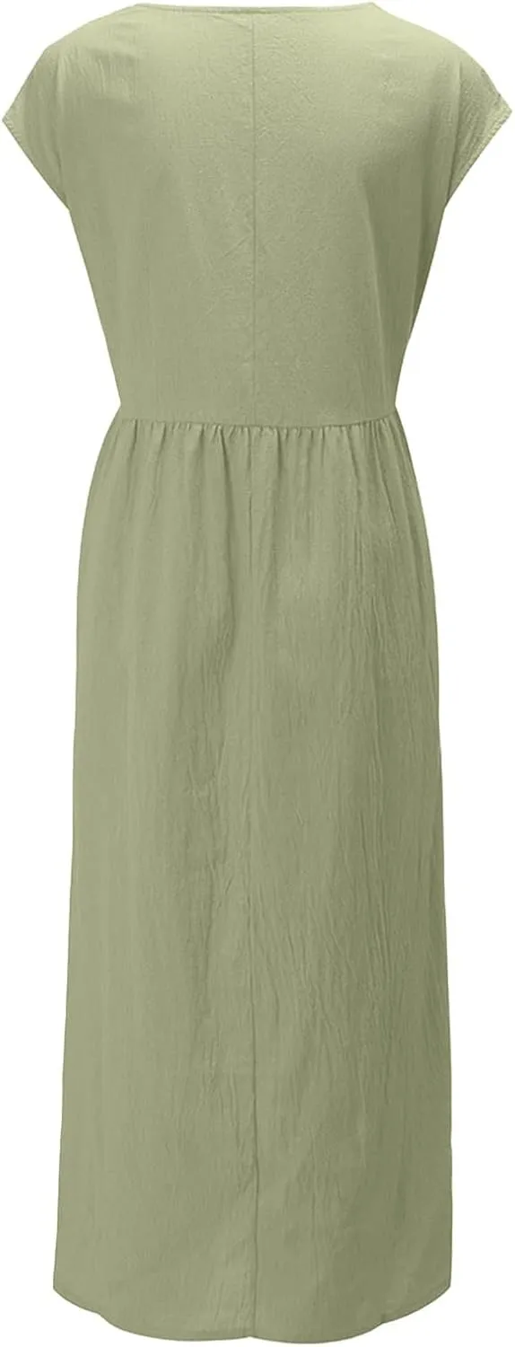 Cotton Dresses for Women 2024 Summer Linen Causal Maxi Shirt Dress Ladies Short Sleeve T-Shirt Sundress with Pockets