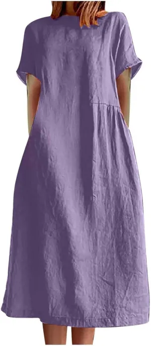 Cotton Linen Dresses for Women 2025 Short Sleeve Midi Beach Dress Flowy Summer Dresses Vacation Shirt Dress with Pocket