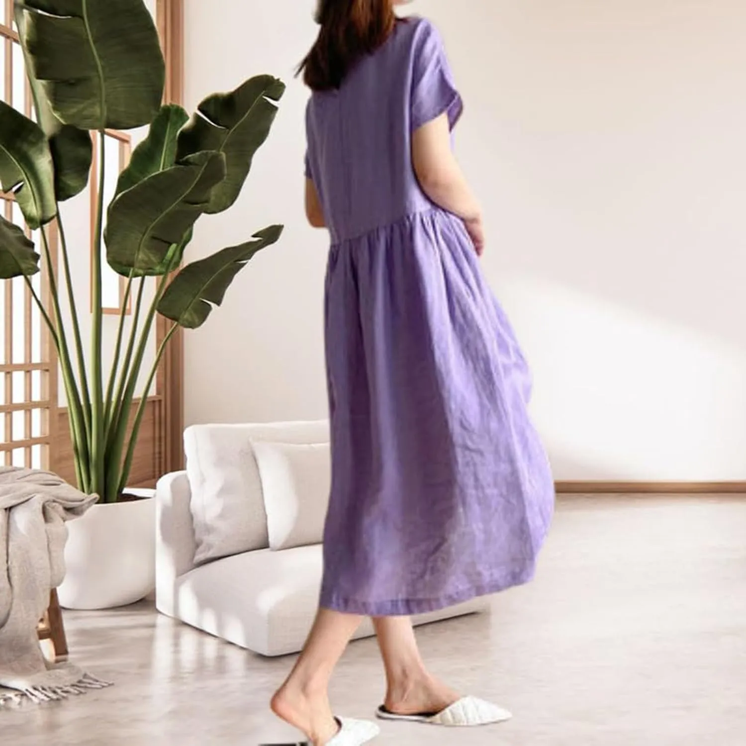 Cotton Linen Dresses for Women 2025 Short Sleeve Midi Beach Dress Flowy Summer Dresses Vacation Shirt Dress with Pocket