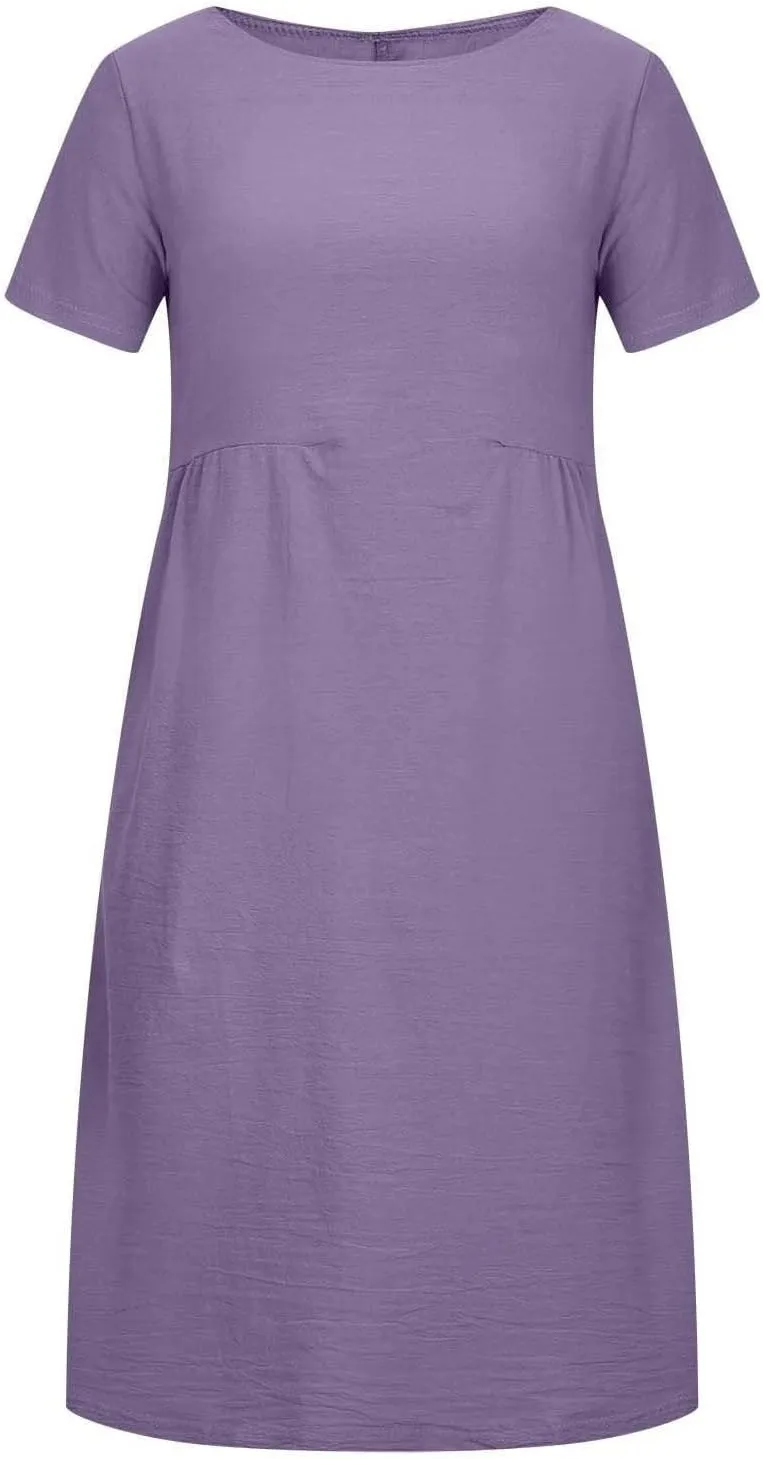 Cotton Linen Dresses for Women 2025 Short Sleeve Midi Beach Dress Flowy Summer Dresses Vacation Shirt Dress with Pocket
