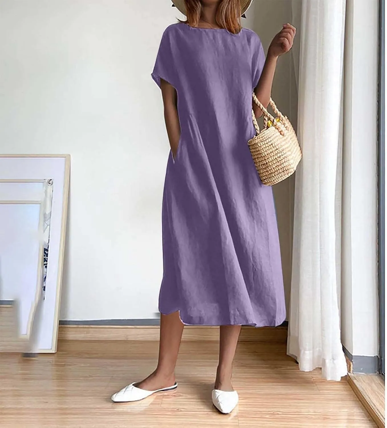 Cotton Linen Dresses for Women 2025 Short Sleeve Midi Beach Dress Flowy Summer Dresses Vacation Shirt Dress with Pocket