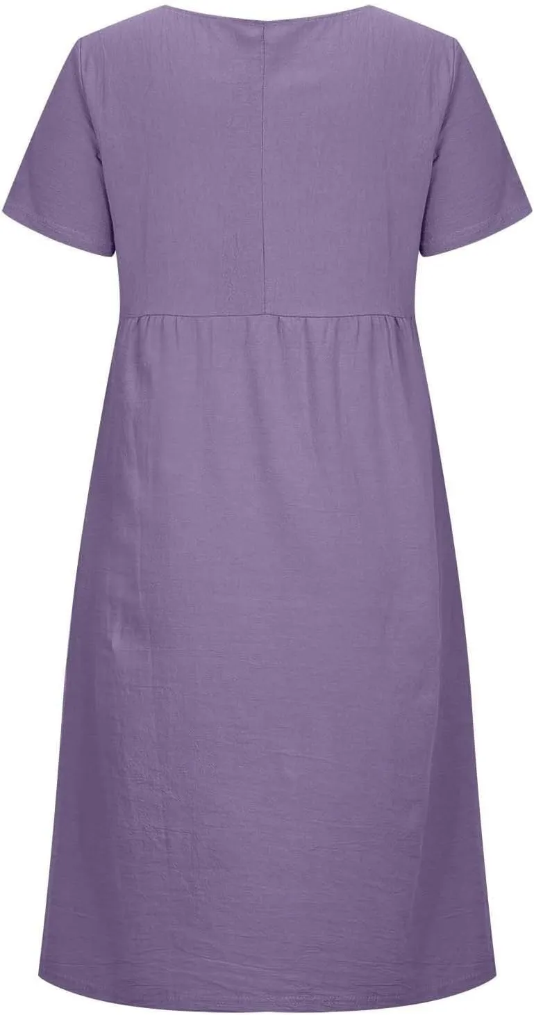 Cotton Linen Dresses for Women 2025 Short Sleeve Midi Beach Dress Flowy Summer Dresses Vacation Shirt Dress with Pocket