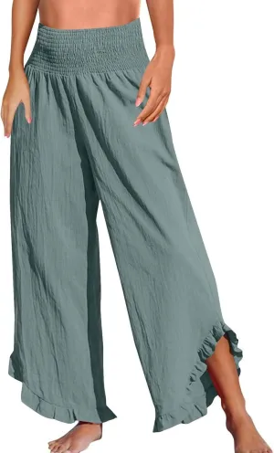 Cotton Linen Lounge Pants Women Wide Leg Elastic Waist Summer Flowy Pants High Waist Smocked Ruffle Hem Fashion Clothes
