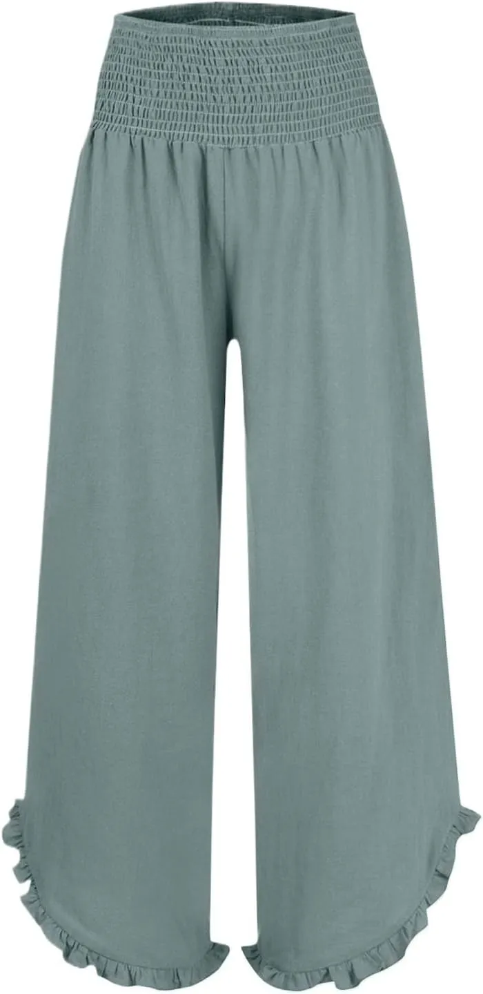 Cotton Linen Lounge Pants Women Wide Leg Elastic Waist Summer Flowy Pants High Waist Smocked Ruffle Hem Fashion Clothes