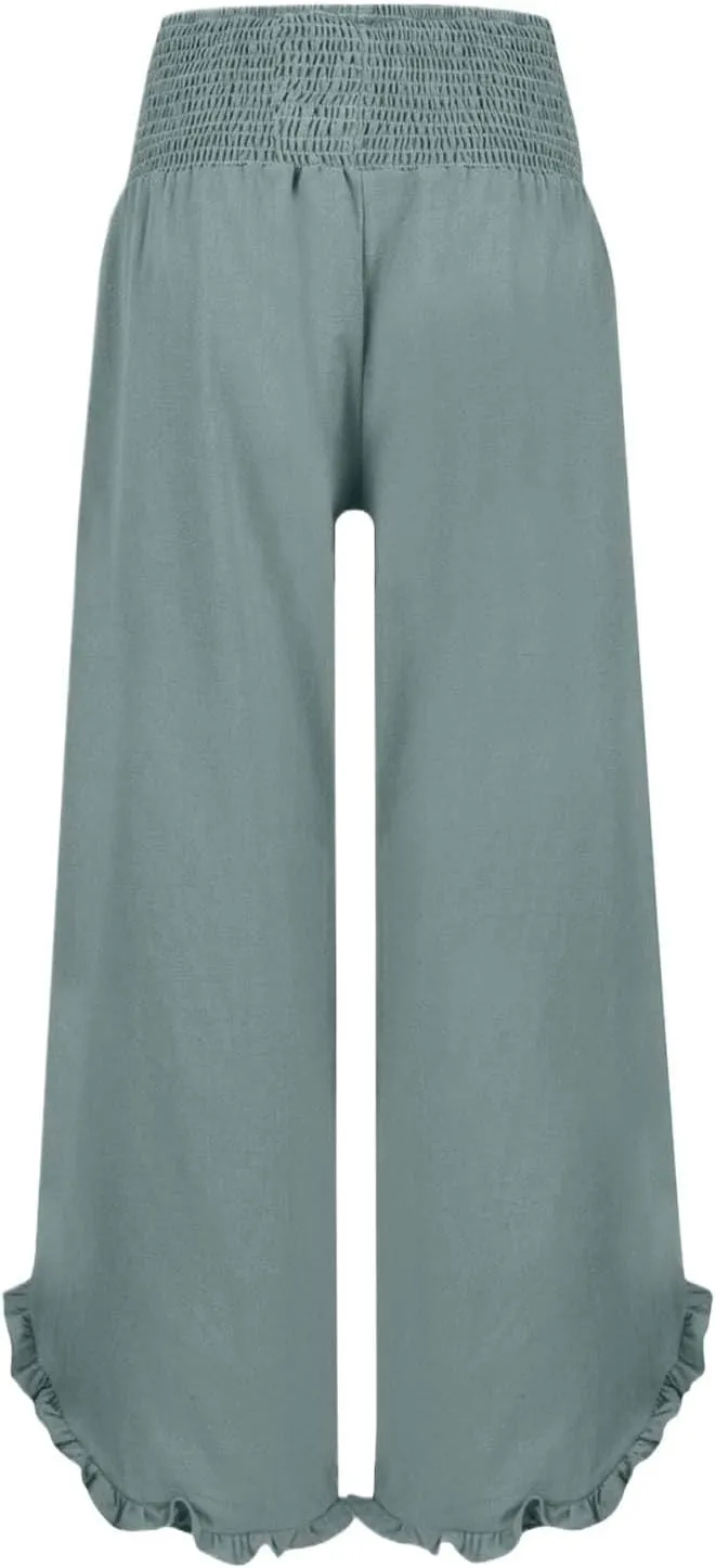 Cotton Linen Lounge Pants Women Wide Leg Elastic Waist Summer Flowy Pants High Waist Smocked Ruffle Hem Fashion Clothes