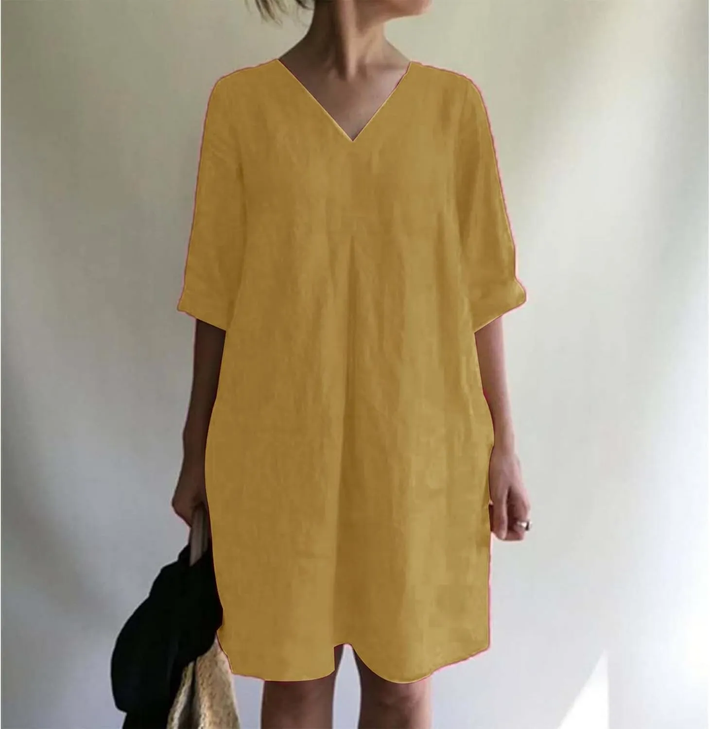 Cotton Linen Summer Midi Dresses for Women 2025 Vacation Plus Size 3/4 Sleeve V-Neck Dress Elegant Plain Beach Dress