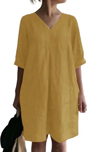 Cotton Linen Summer Midi Dresses for Women 2025 Vacation Plus Size 3/4 Sleeve V-Neck Dress Elegant Plain Beach Dress