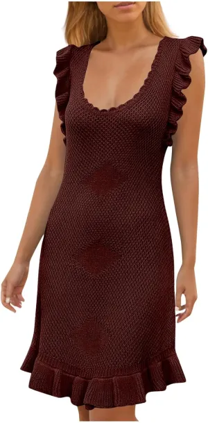 Crochet Summer Dresses for Women Sleeveless Ruffle Mini Tank Dress Casual Knitted Beach Sundresses Homecoming Dress