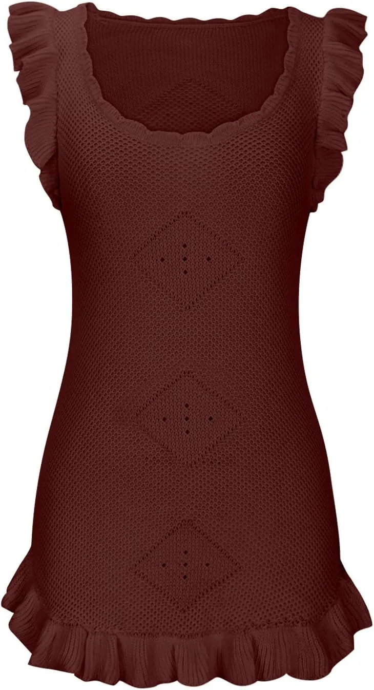 Crochet Summer Dresses for Women Sleeveless Ruffle Mini Tank Dress Casual Knitted Beach Sundresses Homecoming Dress