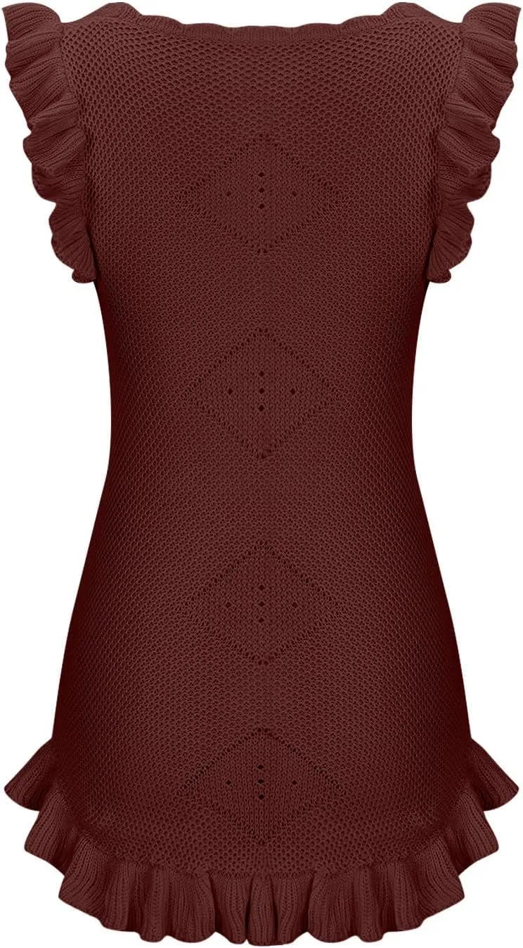 Crochet Summer Dresses for Women Sleeveless Ruffle Mini Tank Dress Casual Knitted Beach Sundresses Homecoming Dress