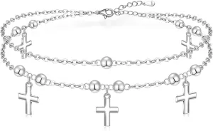 Cross Anklets for Women Cross Anklet Sterling Silver Beaded Multilayer Ankle Bracelets Dainty Layering Adjustable Chain Charm Jewelry Mothers Day Gifts