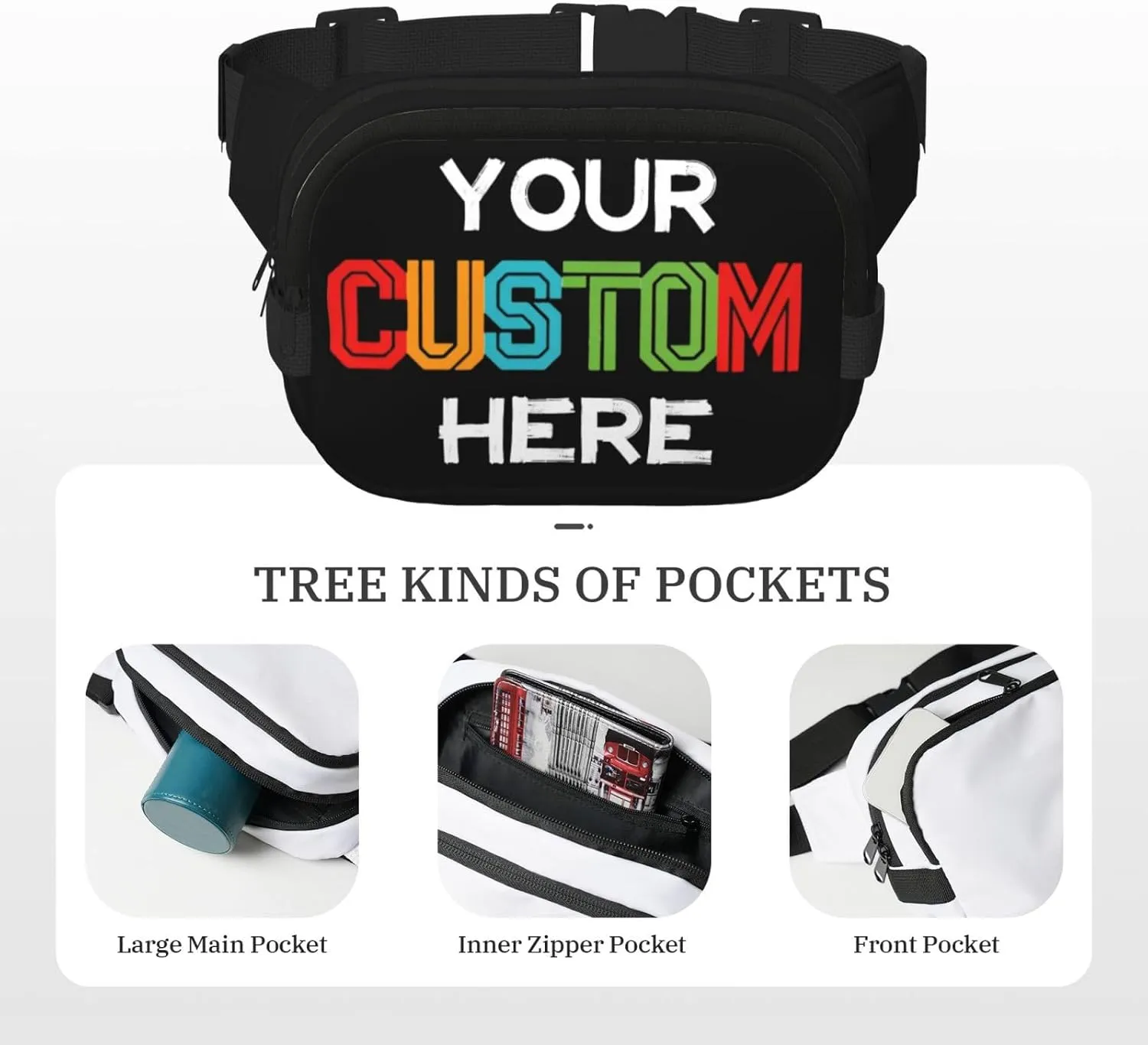 Custom Fanny Pack for Men Women, Personalized Waist Bags, Add Your Logo Text Photo, Customized Adjustable Sports Belt Bag Gifts for Workout Running Cycling Hiking Travel, Black