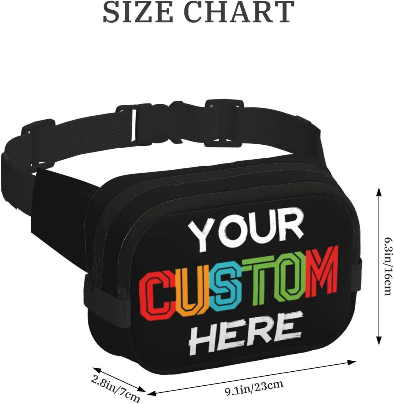 Custom Fanny Pack for Men Women, Personalized Waist Bags, Add Your Logo Text Photo, Customized Adjustable Sports Belt Bag Gifts for Workout Running Cycling Hiking Travel, Black