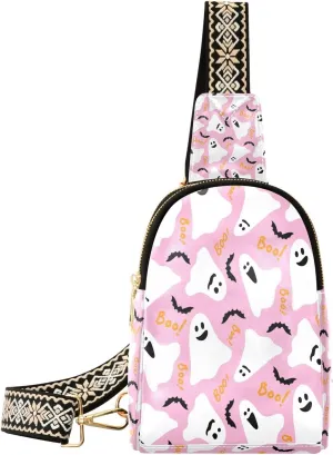 Cute Ghosts Bats Boo Fanny Pack Crossbody PC Leather Small Sling Bag for Women Pink Halloween Fashion Waist Packs Chest Bag for Travel Sports Running Hiking