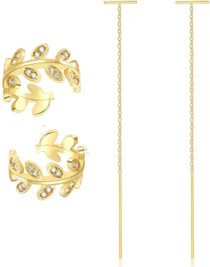 Cz Leaf Cuff Earrings Gold Plated - Bar Long Chain Dangle Threader Earrings 75mm